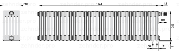 Схема (чертеж) Радиатор Zehnder Charleston 6055/32 №V002 Белый глянцевый RAL 9016